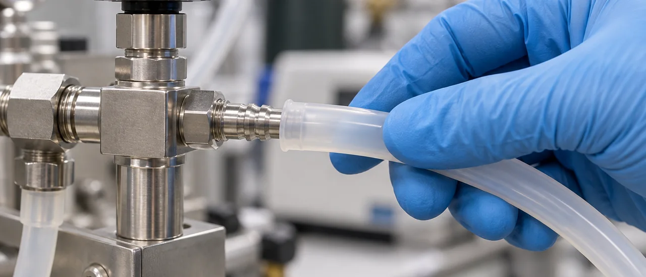Силиконовая трубка на металлическом штуцере газоотборного клапана